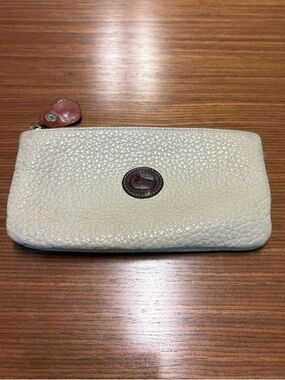 Dooney & Bourke Cream Pebbled Leather Zip Wristlet Wallet with Brown Trim